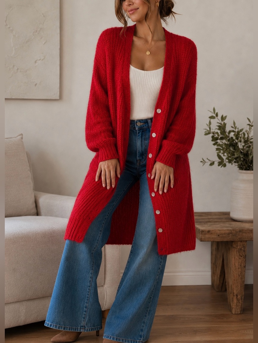 Moda Intl Red Mohair Blend Long Cardigan Sweater Button Front Cozy Medium M